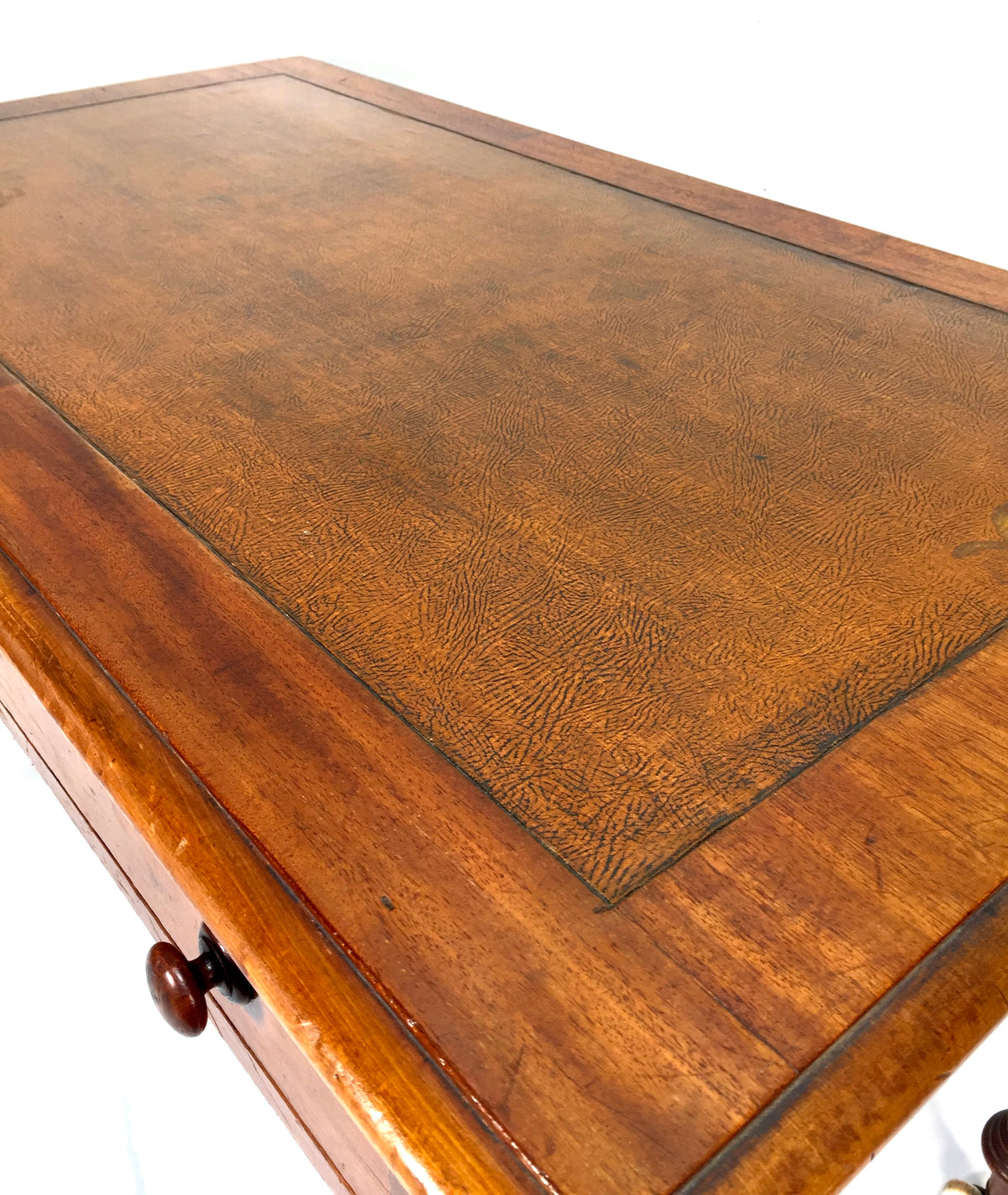 Antique Victorian Wooden Writing Desk Table / Leather Top & Caster Wheel c.1890