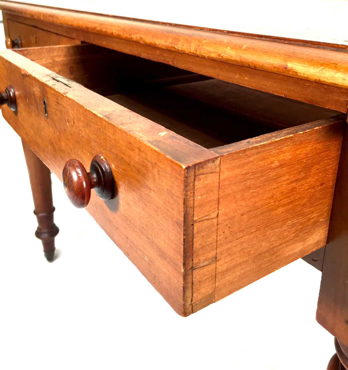 Antique Victorian Wooden Writing Desk Table / Leather Top & Caster Wheel c.1890