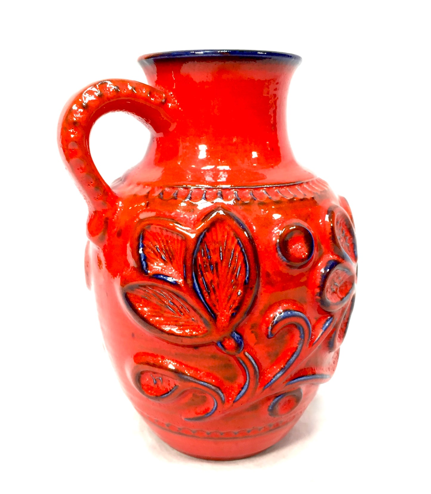 Vintage West German Pottery Fat Vase Bay Factory / Red & Blue / Retro 1970s