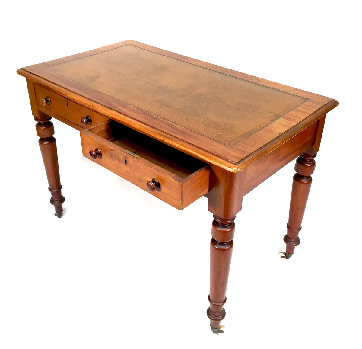 Antique Victorian Wooden Writing Desk Table / Leather Top & Caster Wheel c.1890