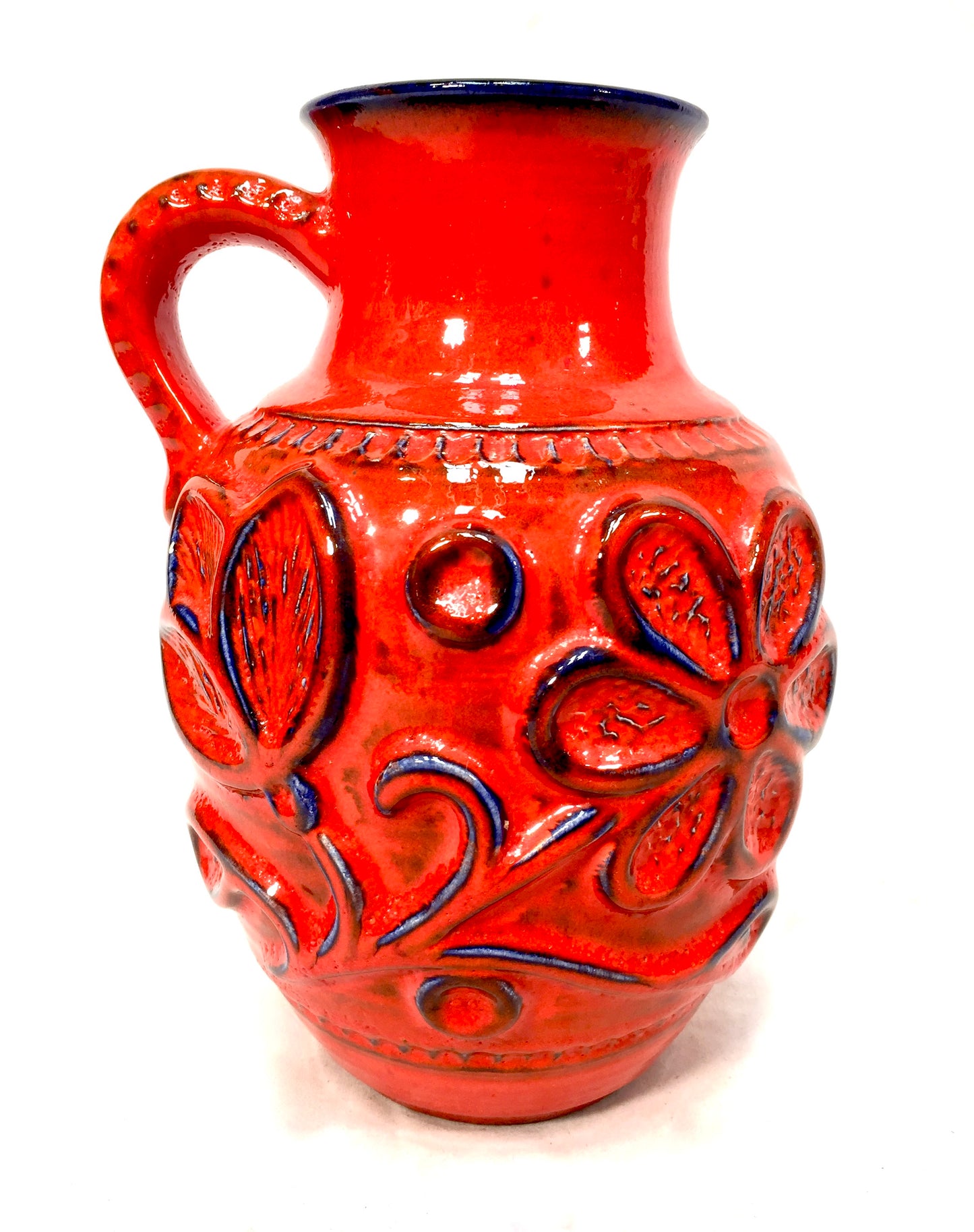 Vintage West German Pottery Fat Vase Bay Factory / Red & Blue / Retro 1970s