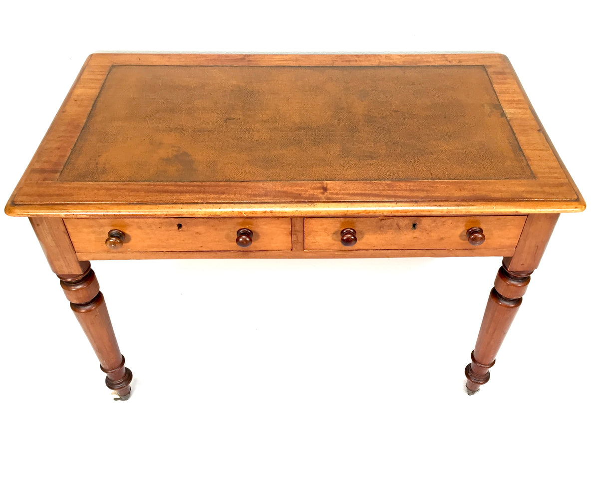 Antique Victorian Wooden Writing Desk Table / Leather Top & Caster Wheel c.1890