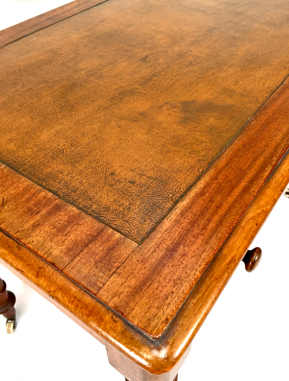 Antique Victorian Wooden Writing Desk Table / Leather Top & Caster Wheel c.1890