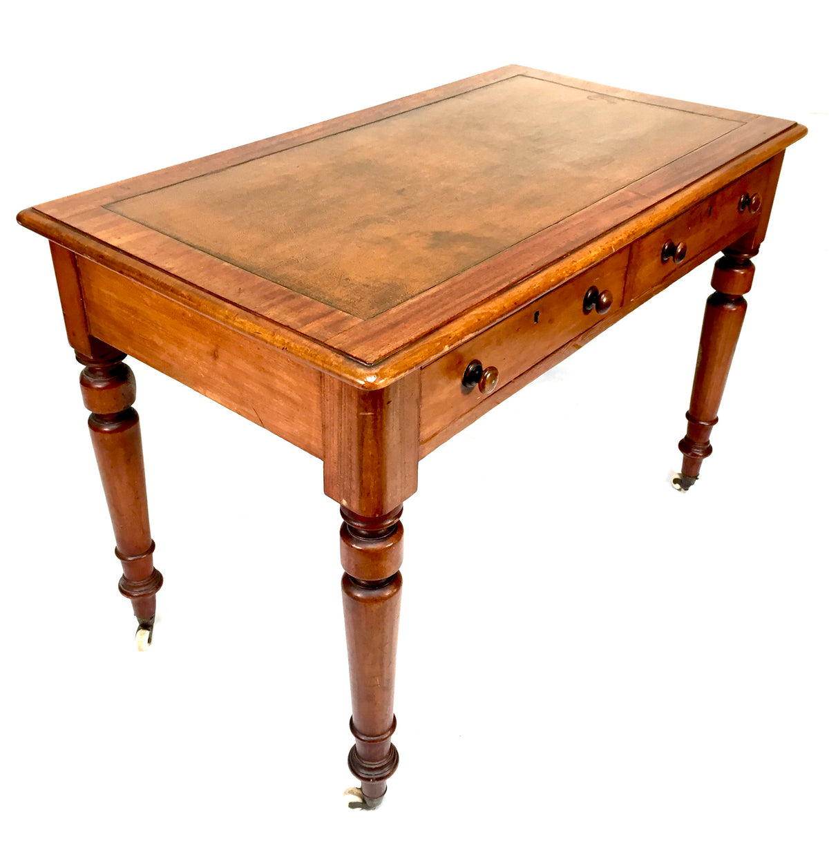Antique Victorian Wooden Writing Desk Table / Leather Top & Caster Wheel c.1890