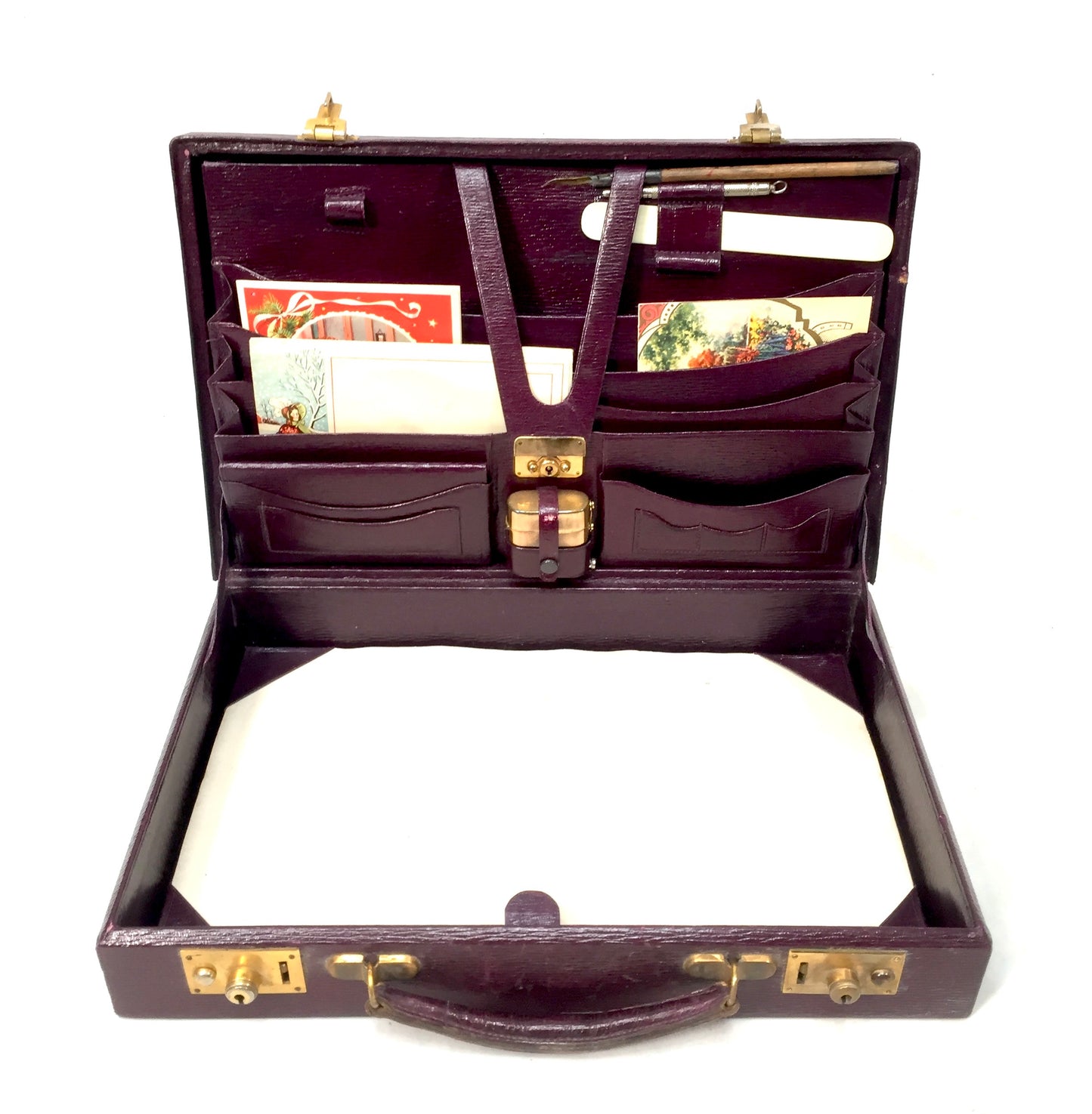 Antique Ladies Leather Travel Writing Box / Briefcase / Bag & Contents c.1930