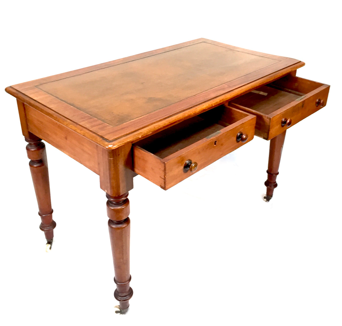 Antique Victorian Wooden Writing Desk Table / Leather Top & Caster Wheel c.1890