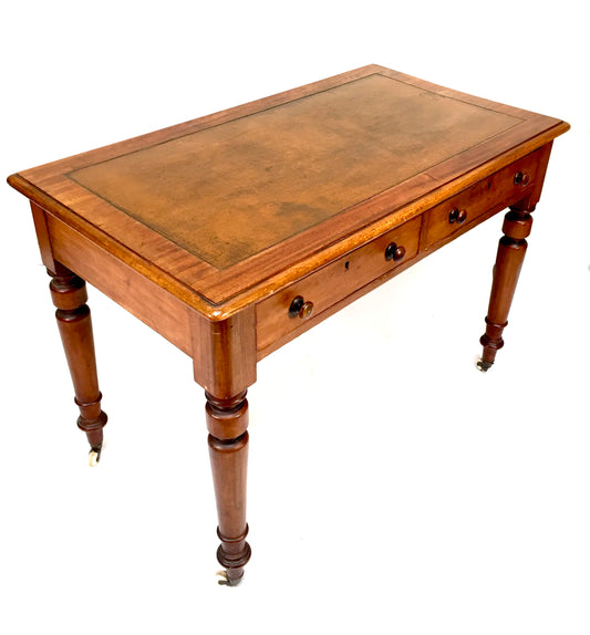 Antique Victorian Wooden Writing Desk Table / Leather Top & Caster Wheel c.1890