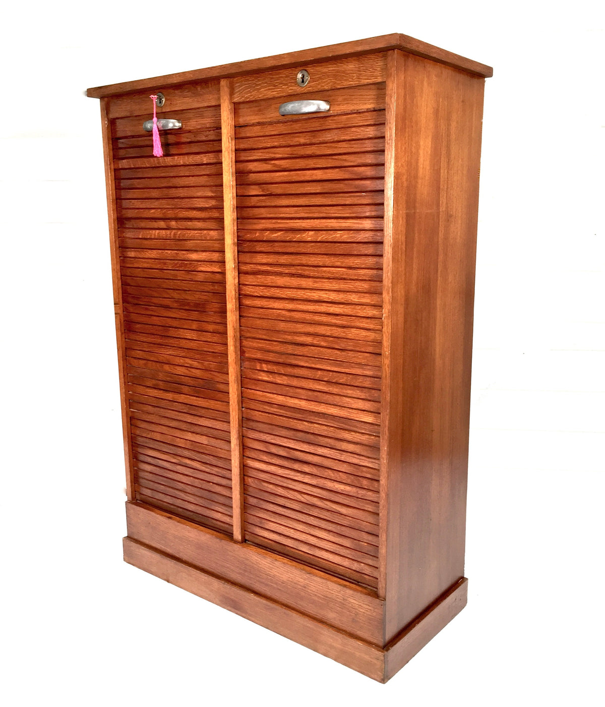 Antique 1950s Wood Oak Double Tambour Fronted Office Paper Filing Cabinet & Key