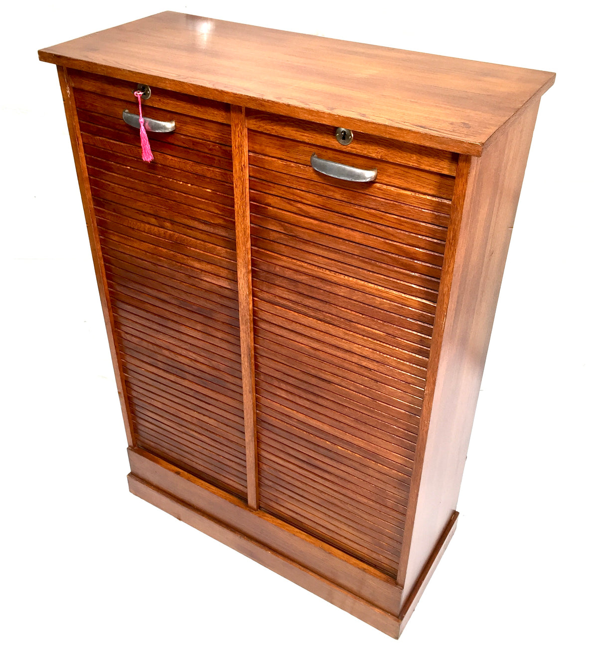 Antique 1950s Wood Oak Double Tambour Fronted Office Paper Filing Cabinet & Key