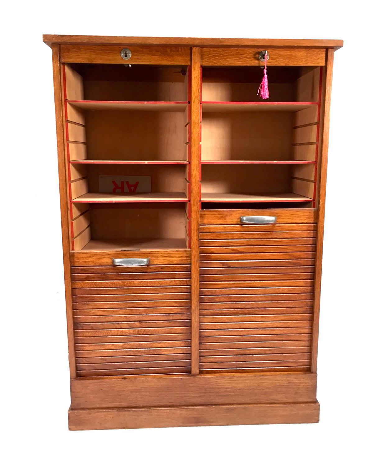 Antique 1950s Wood Oak Double Tambour Fronted Office Paper Filing Cabinet & Key
