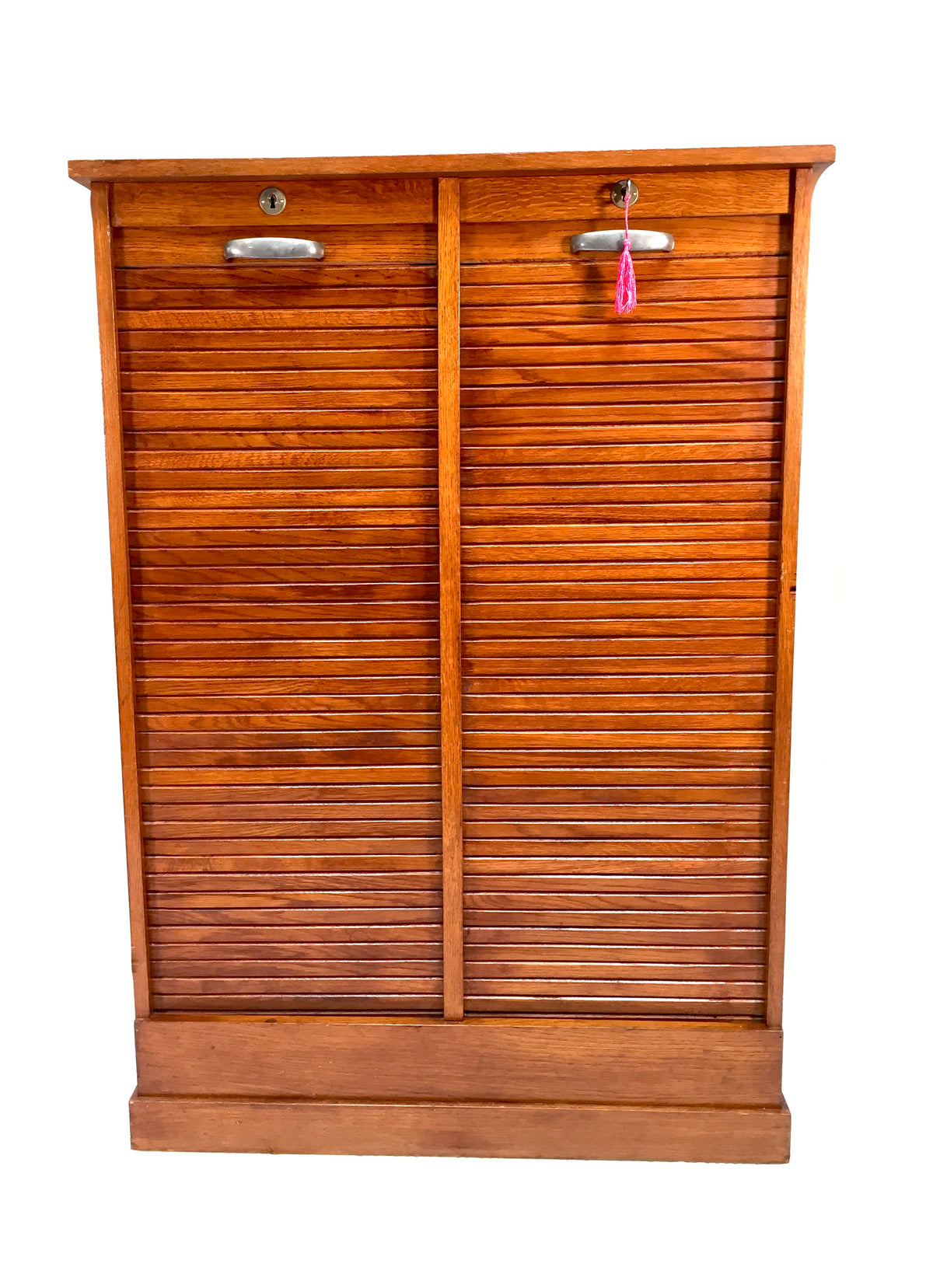 Antique 1950s Wood Oak Double Tambour Fronted Office Paper Filing Cabinet & Key