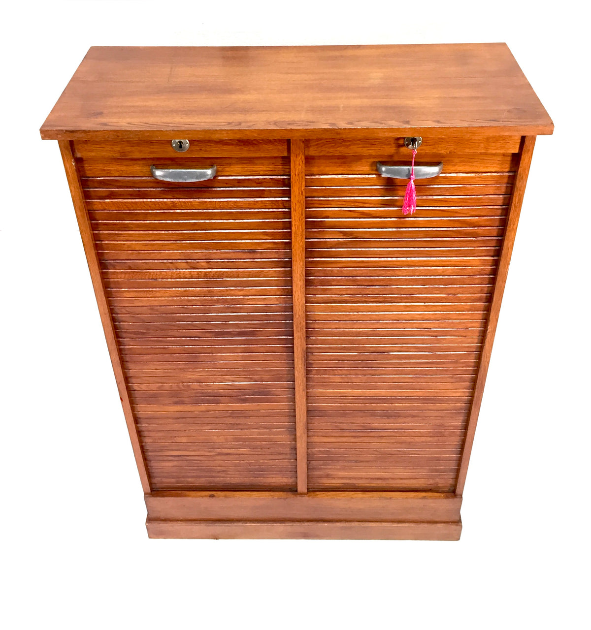 Antique 1950s Wood Oak Double Tambour Fronted Office Paper Filing Cabinet & Key