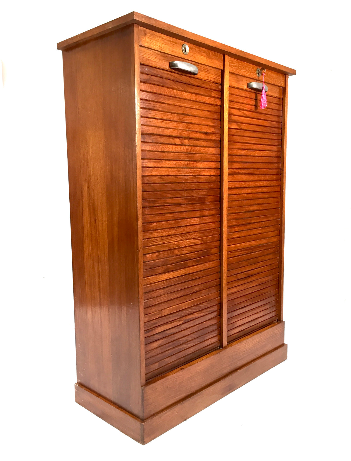 Antique 1950s Wood Oak Double Tambour Fronted Office Paper Filing Cabinet & Key