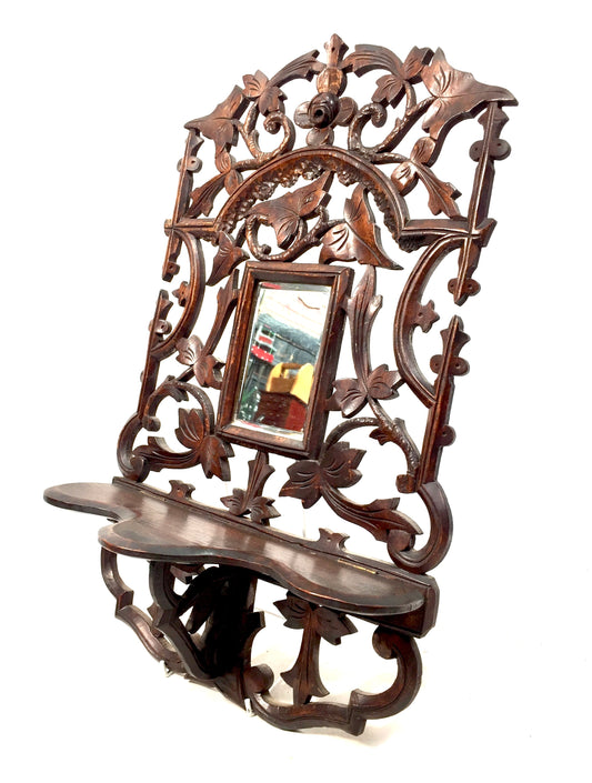 Antique Wall Hanging Carved Black Forest Folding Shelf Mirror Art Nouveau c.1900