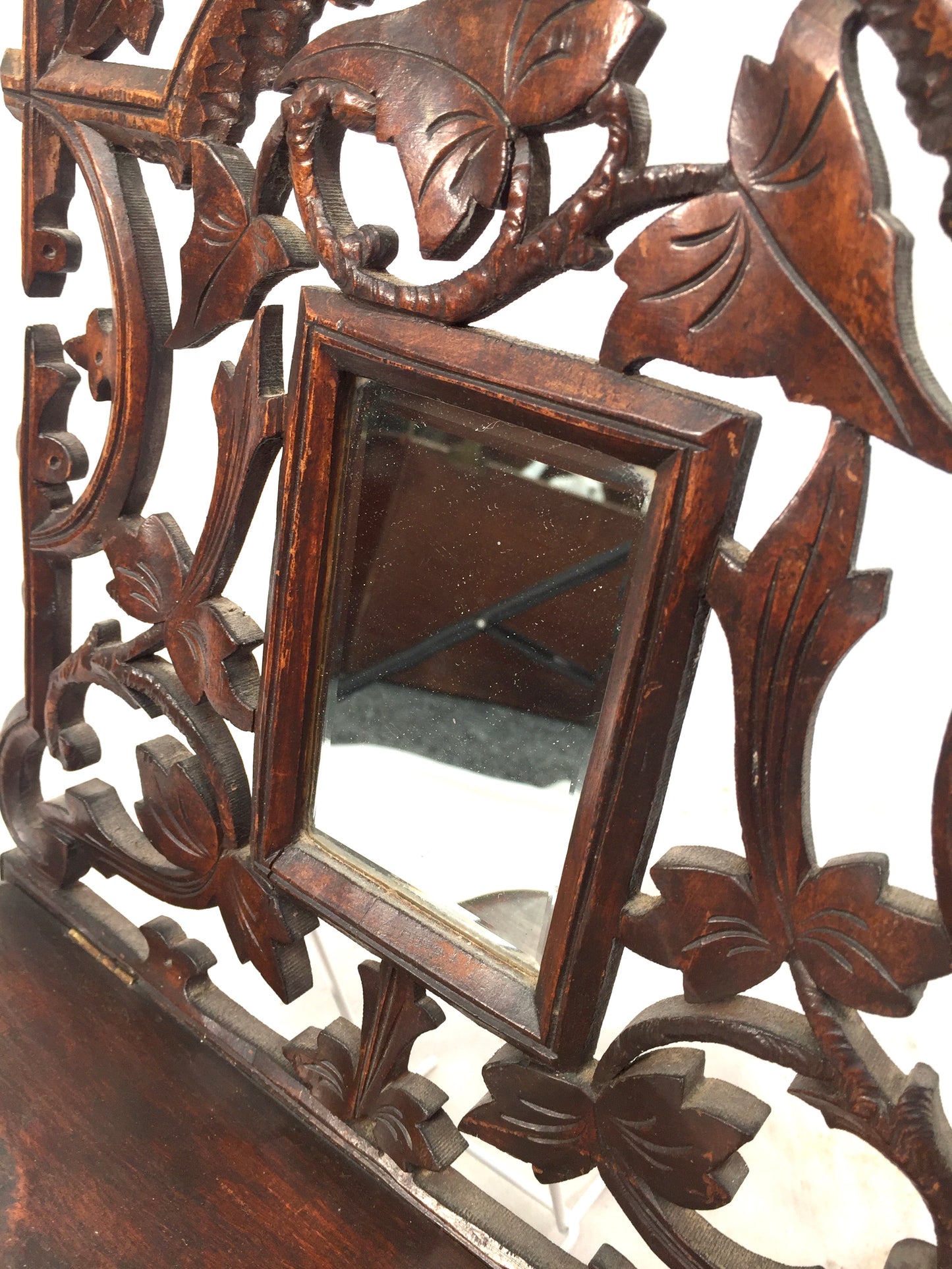 Antique Wall Hanging Carved Black Forest Folding Shelf Mirror Art Nouveau c.1900