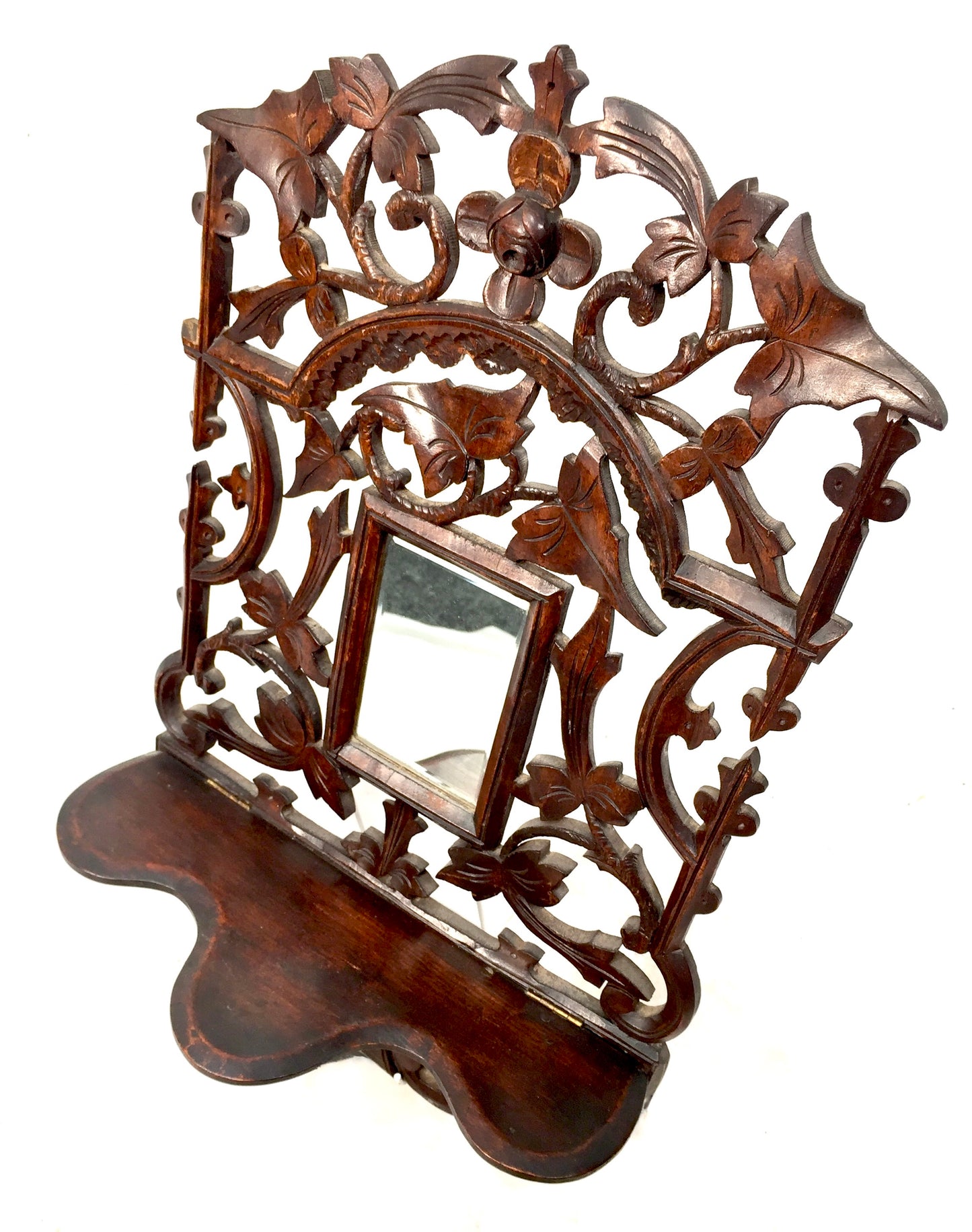 Antique Wall Hanging Carved Black Forest Folding Shelf Mirror Art Nouveau c.1900