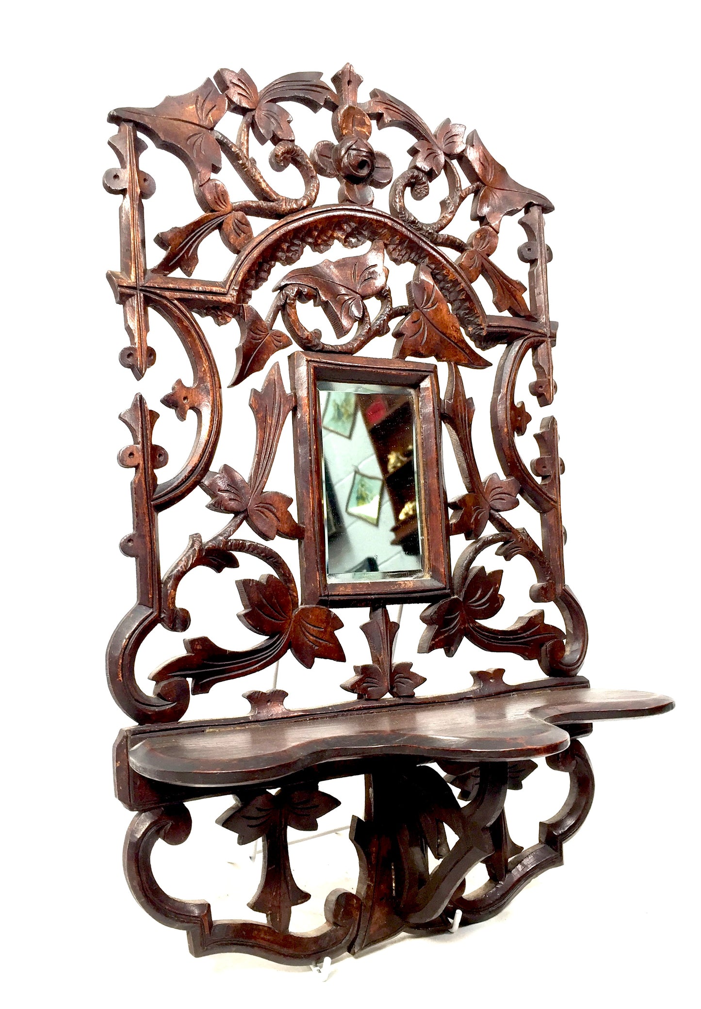 Antique Wall Hanging Carved Black Forest Folding Shelf Mirror Art Nouveau c.1900