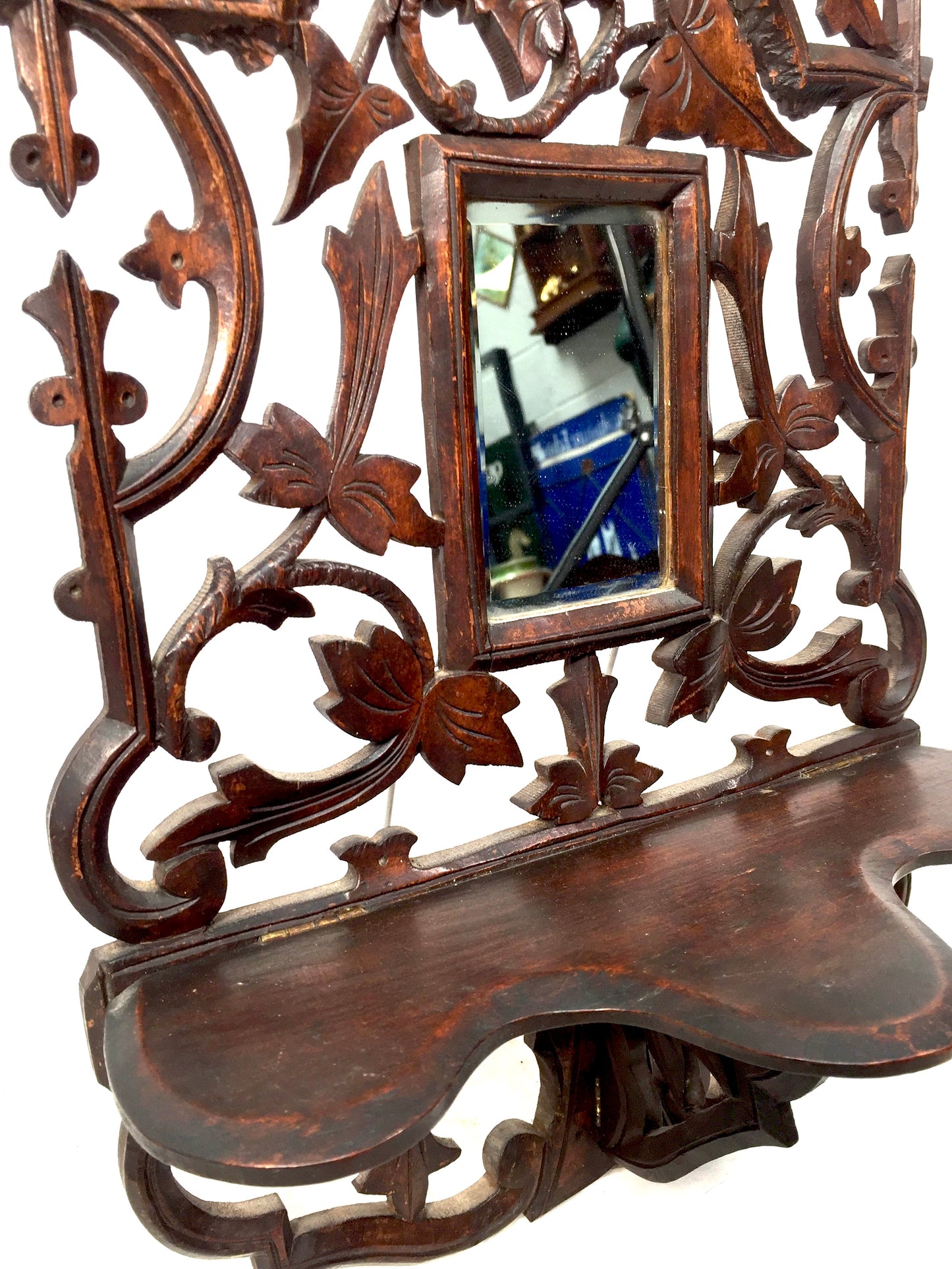 Antique Wall Hanging Carved Black Forest Folding Shelf Mirror Art Nouveau c.1900