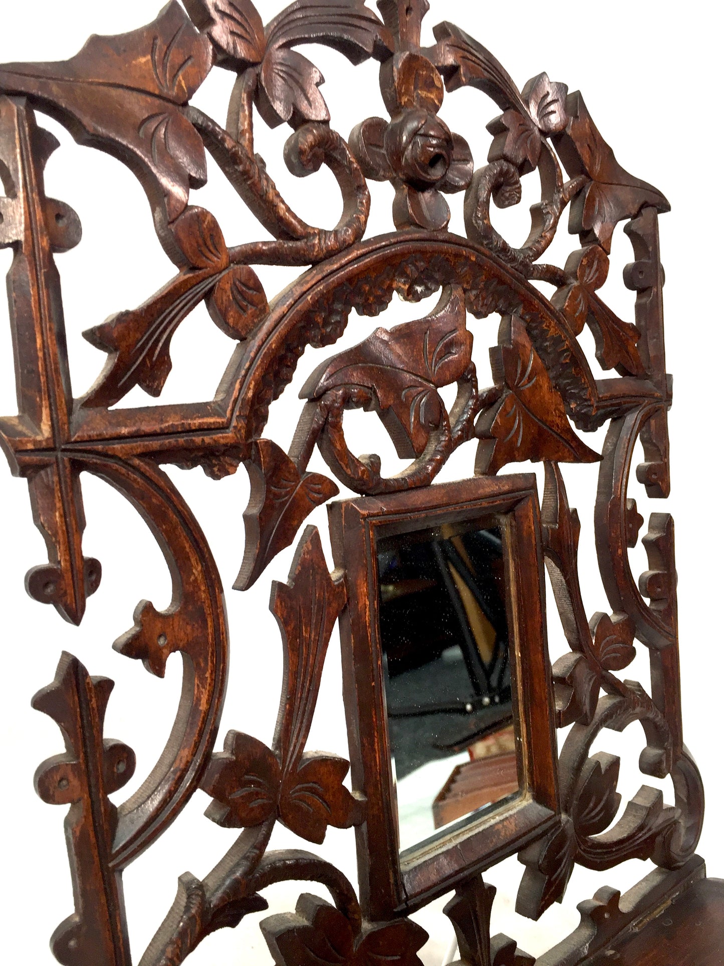 Antique Wall Hanging Carved Black Forest Folding Shelf Mirror Art Nouveau c.1900