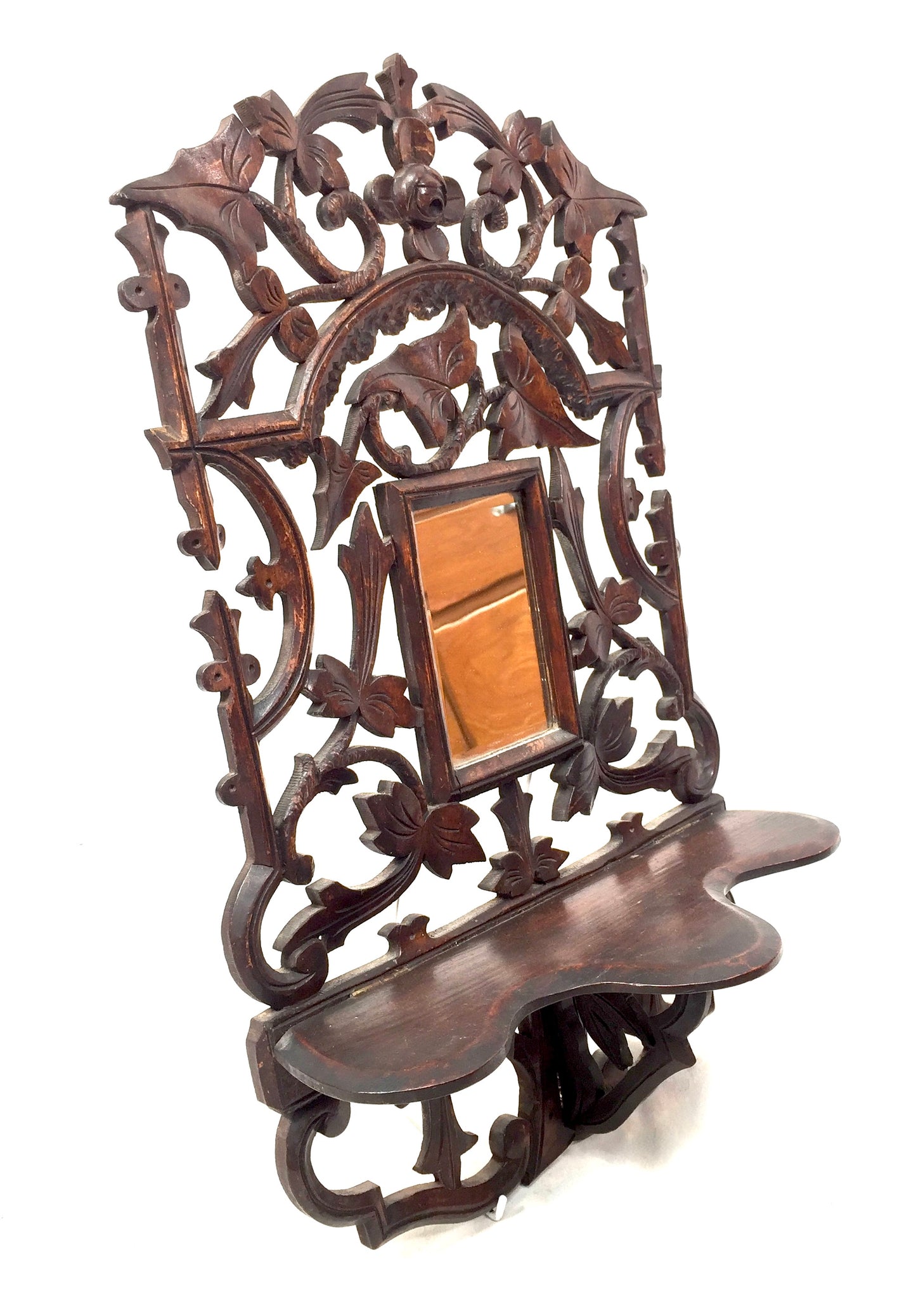 Antique Wall Hanging Carved Black Forest Folding Shelf Mirror Art Nouveau c.1900