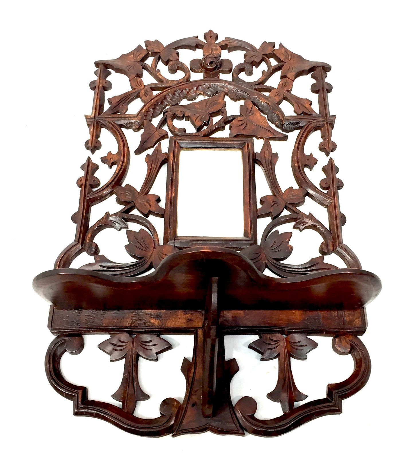 Antique Wall Hanging Carved Black Forest Folding Shelf Mirror Art Nouveau c.1900