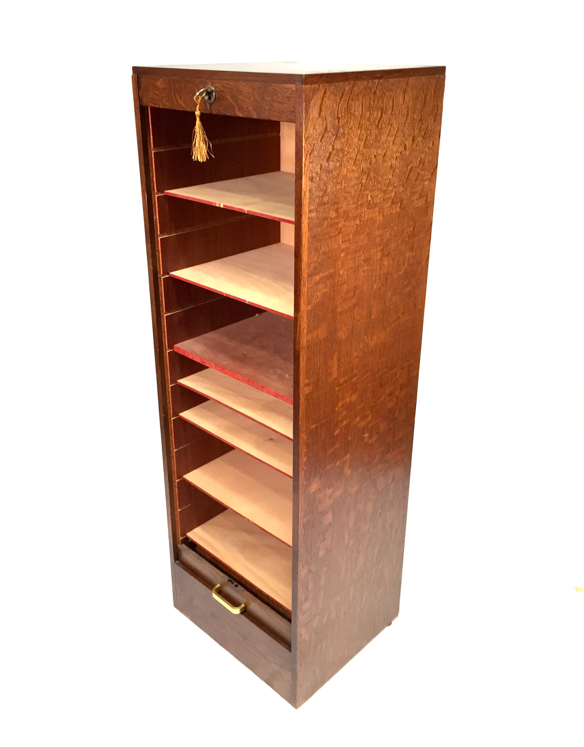 Antique Wooden Oak Tambour Fronted Office Paper Filing Cabinet Drawers with Key