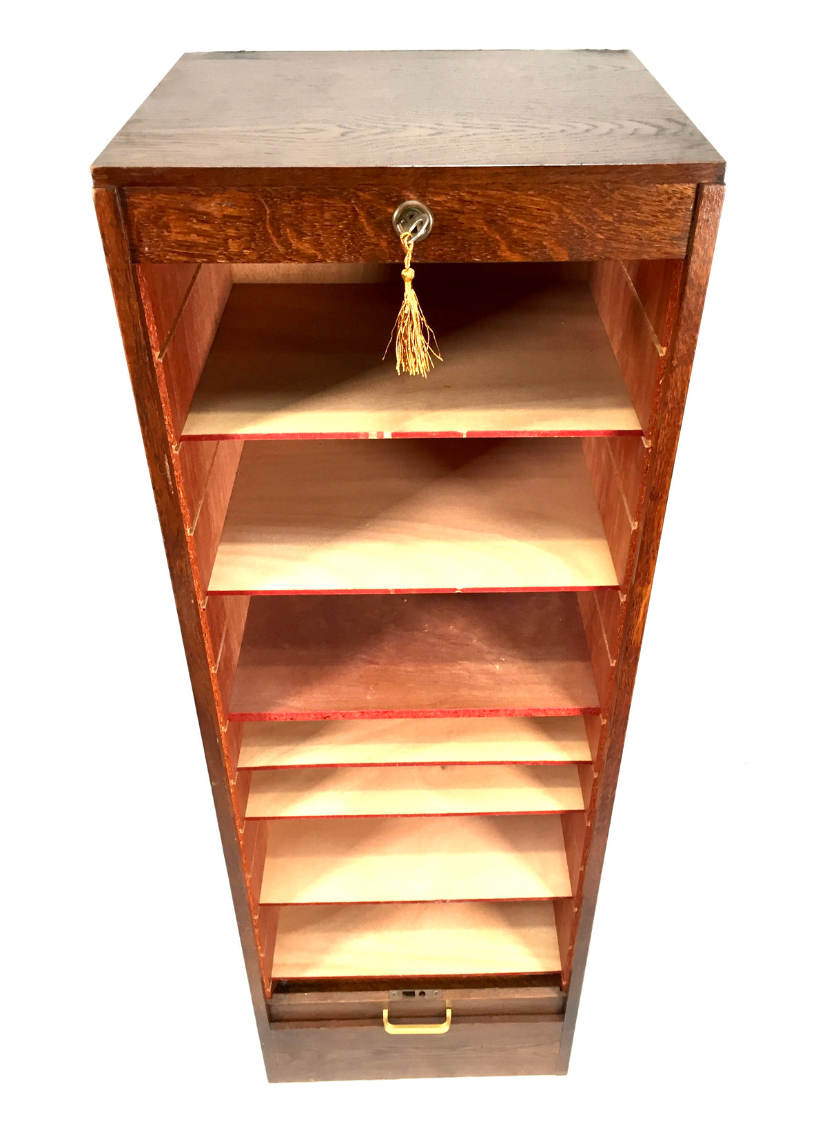 Antique Wooden Oak Tambour Fronted Office Paper Filing Cabinet Drawers with Key