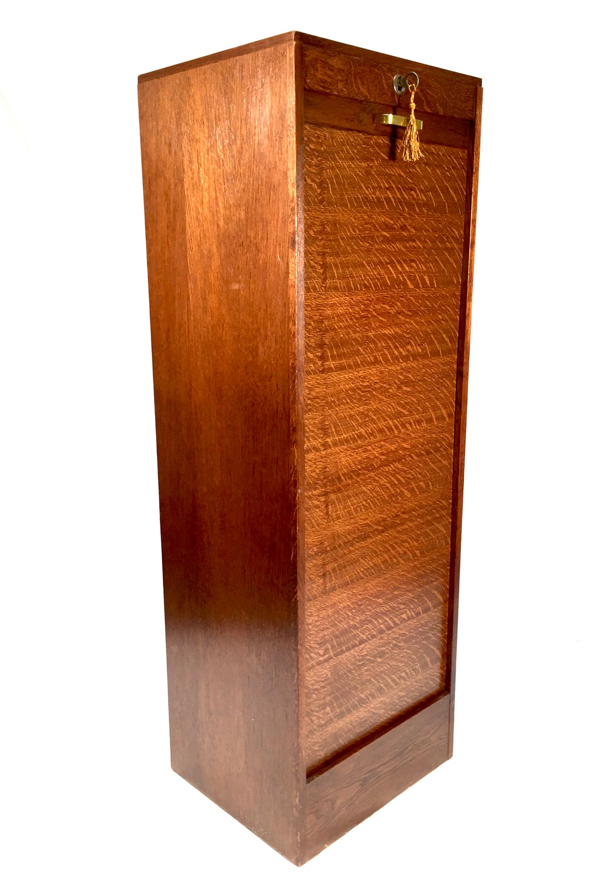 Antique Wooden Oak Tambour Fronted Office Paper Filing Cabinet Drawers with Key