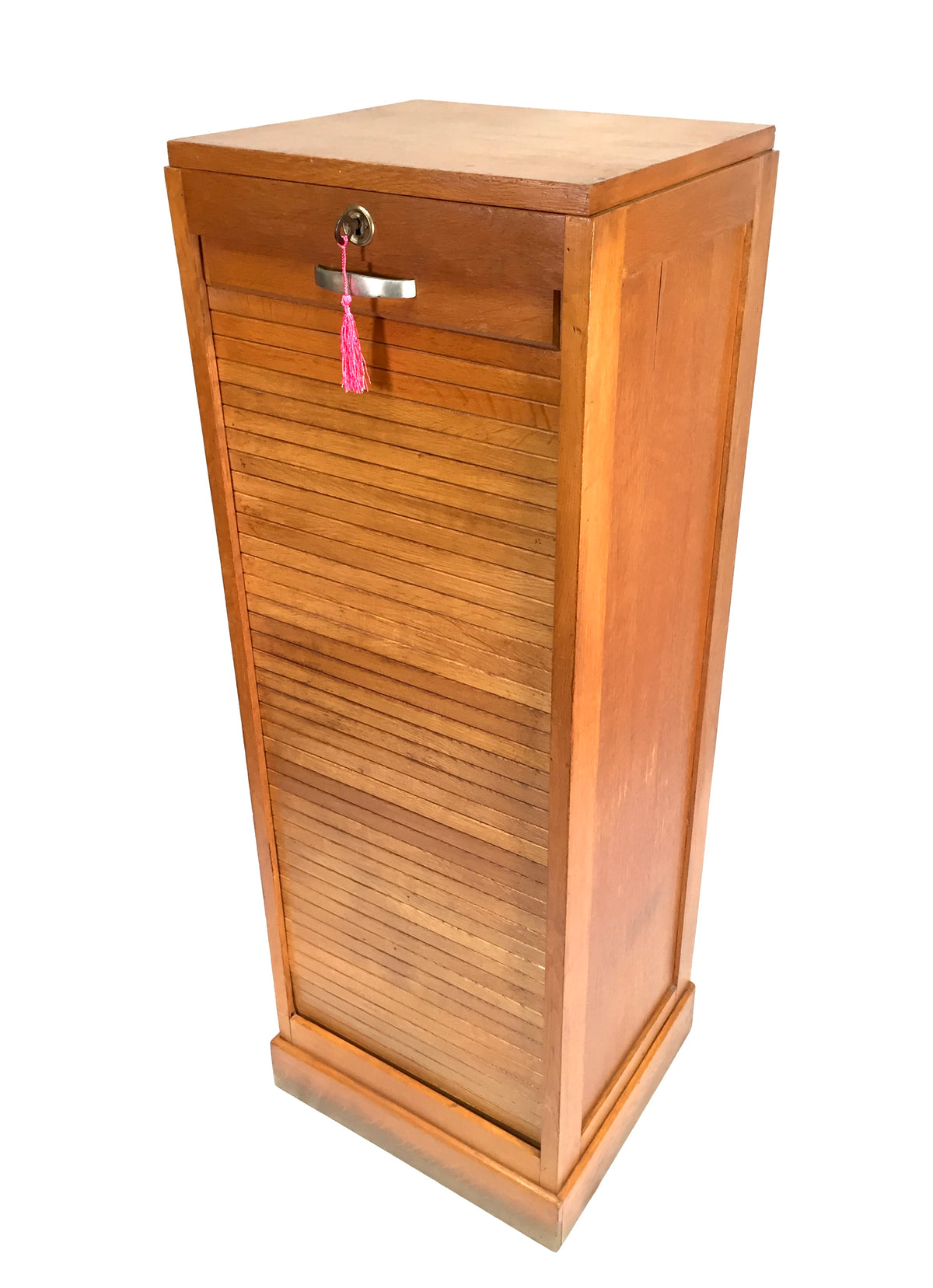 Antique Wooden Oak Tambour Fronted Office Paper Filing Cabinet Drawers with Key