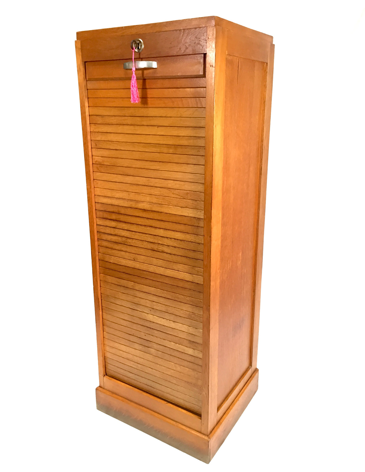 Antique Wooden Oak Tambour Fronted Office Paper Filing Cabinet Drawers with Key
