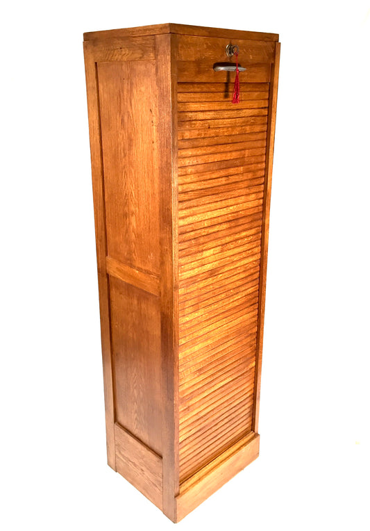 Antique Wooden Oak Tambour Fronted Office Paper Filing Cabinet Drawers with Key