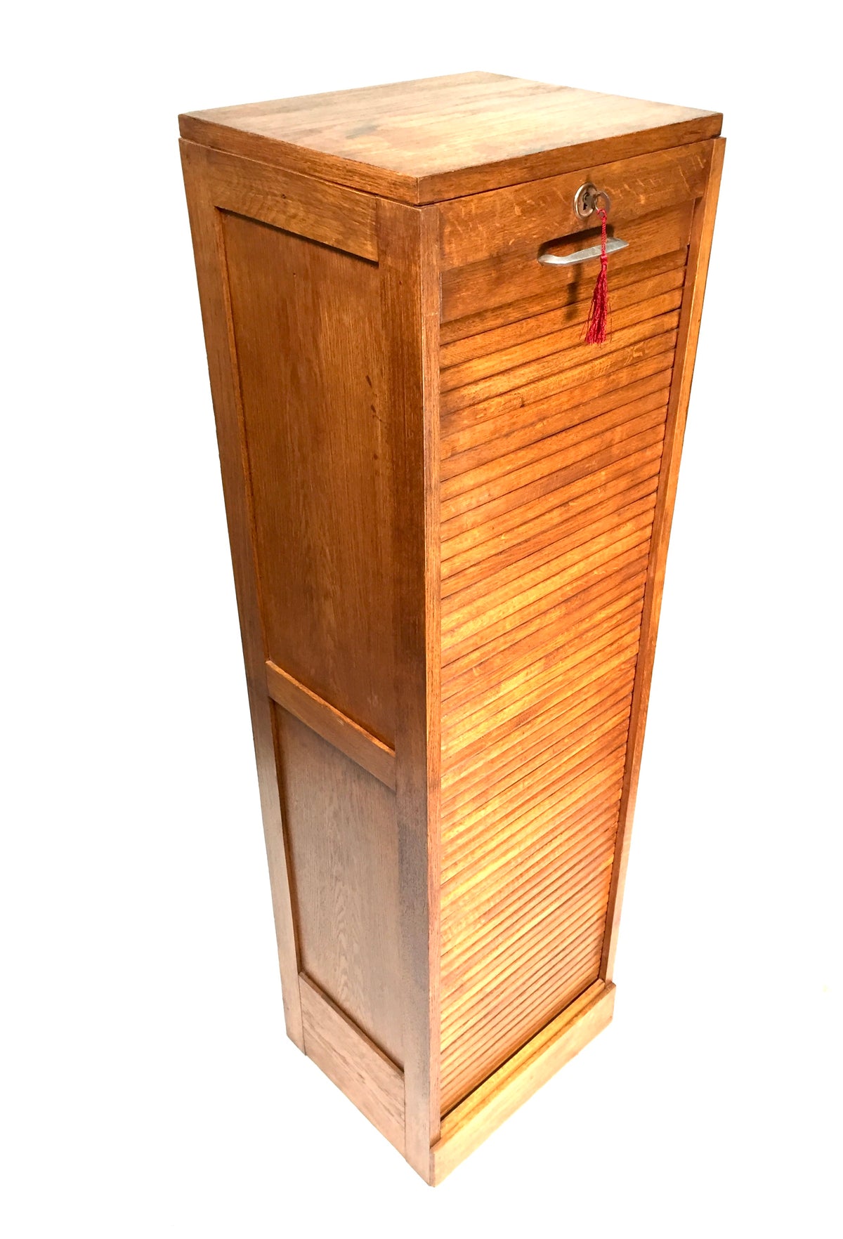 Antique Wooden Oak Tambour Fronted Office Paper Filing Cabinet Drawers with Key