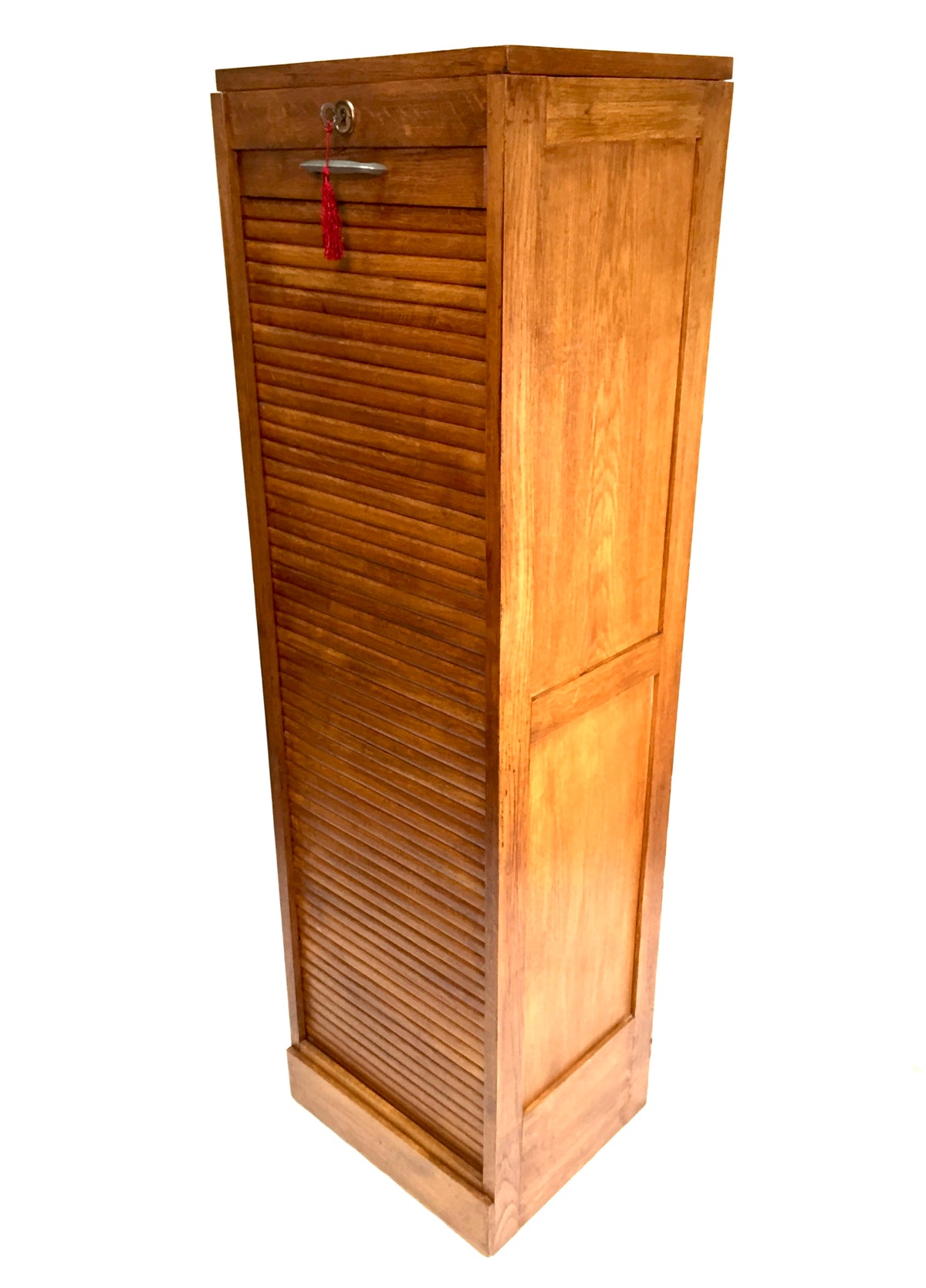 Antique Wooden Oak Tambour Fronted Office Paper Filing Cabinet Drawers with Key
