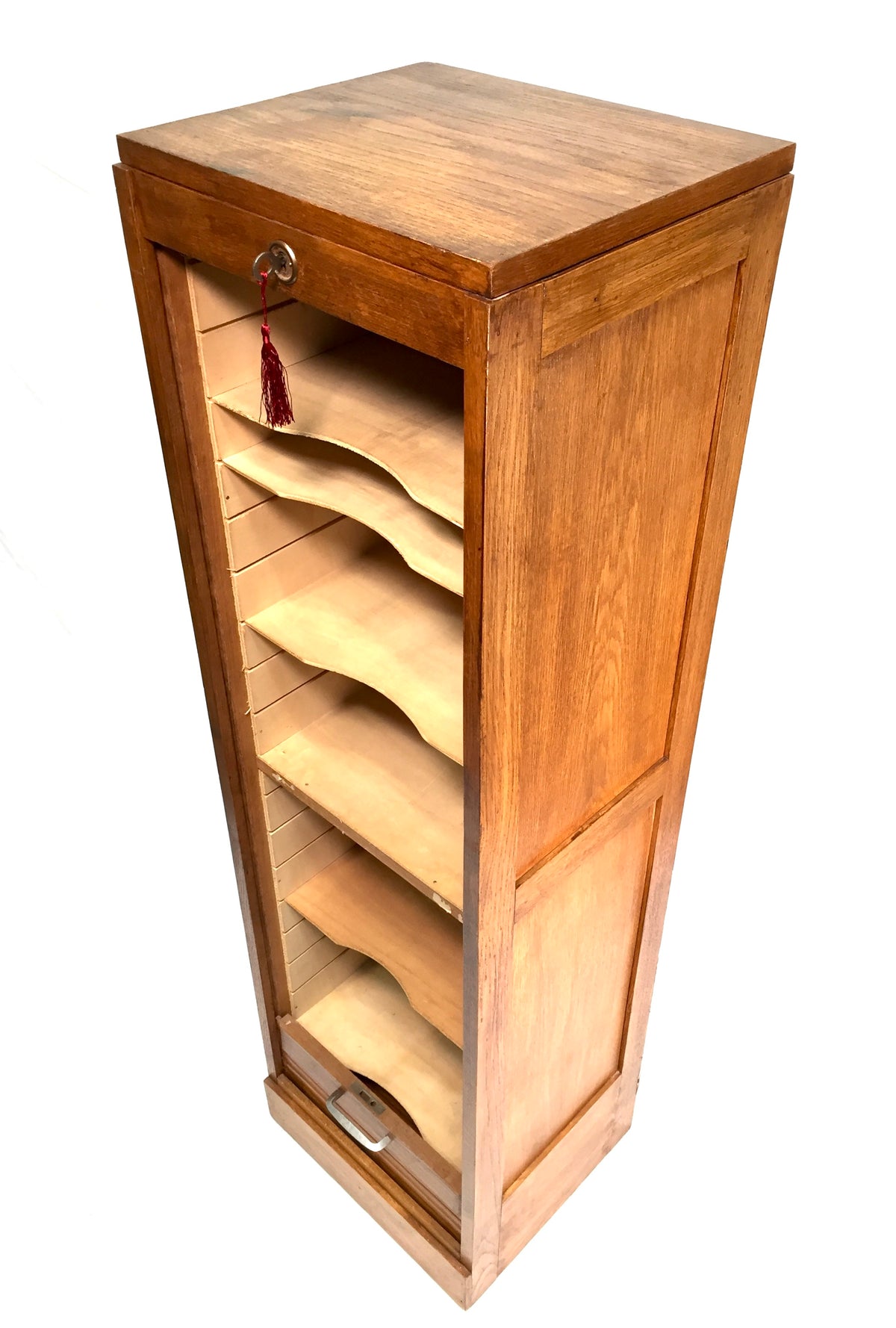Antique Wooden Oak Tambour Fronted Office Paper Filing Cabinet Drawers with Key