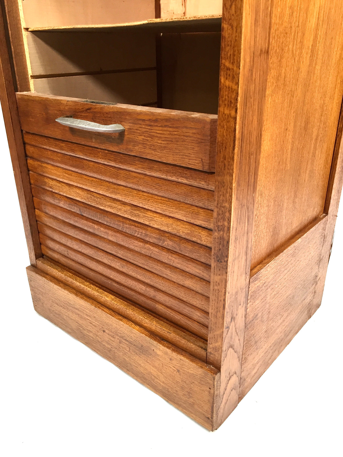 Antique Wooden Oak Tambour Fronted Office Paper Filing Cabinet Drawers with Key