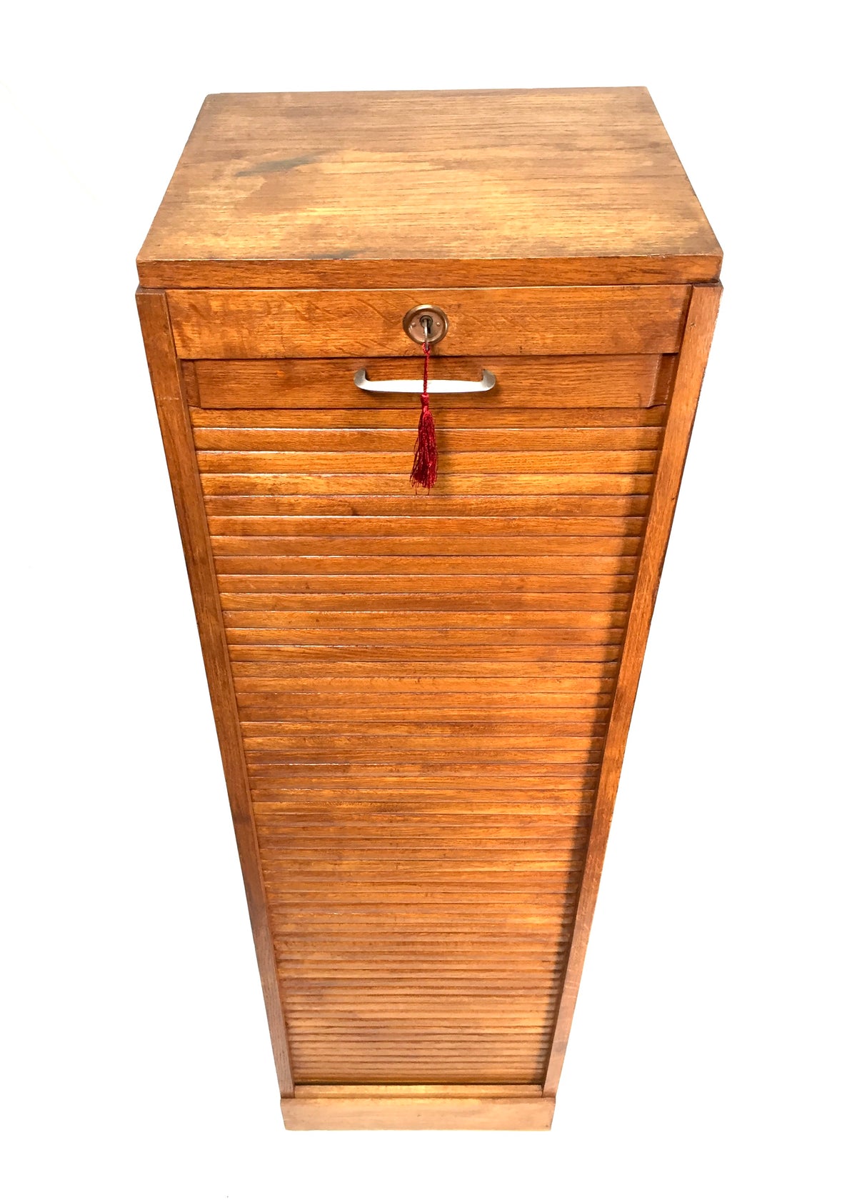 Antique Wooden Oak Tambour Fronted Office Paper Filing Cabinet Drawers with Key