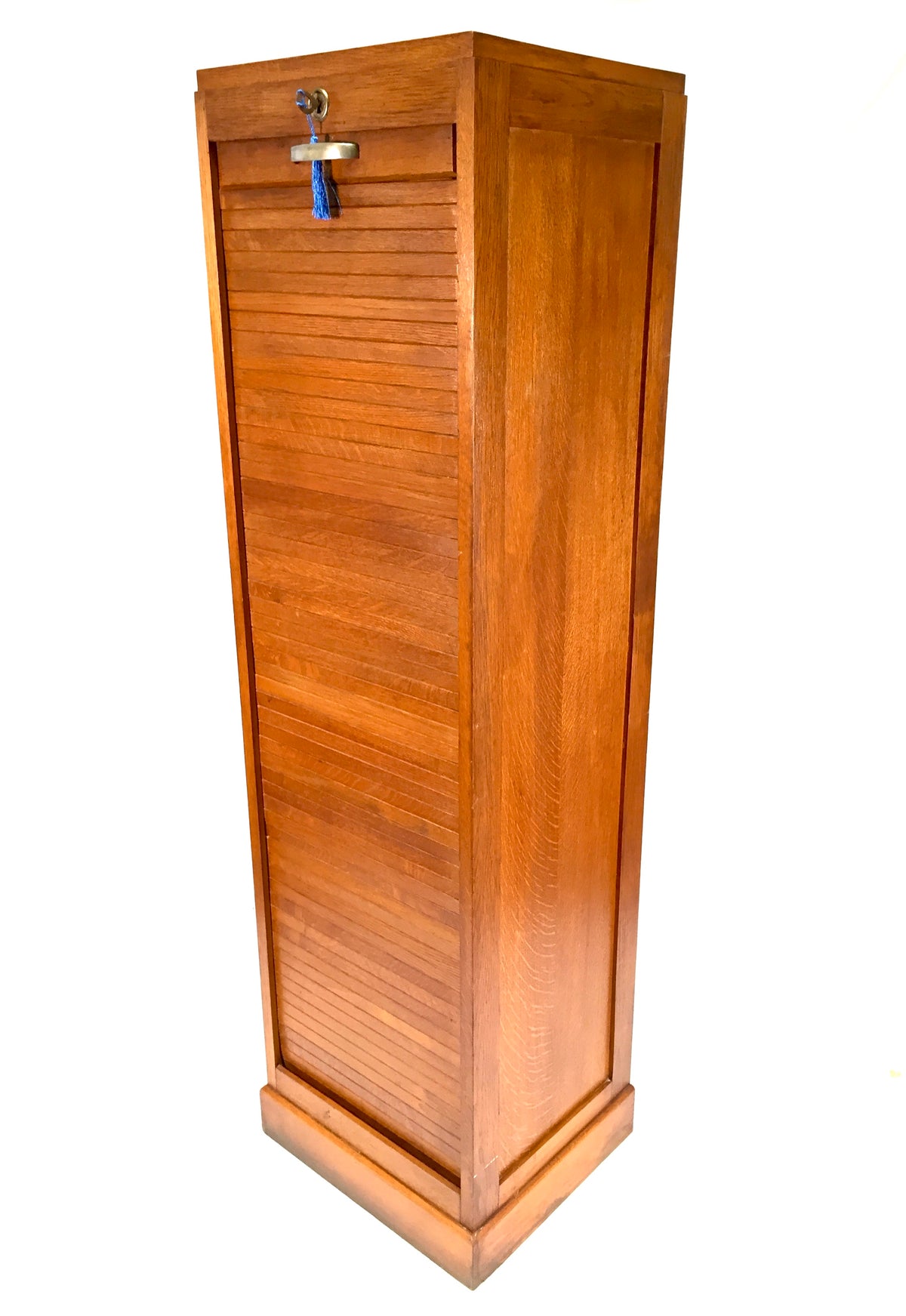 Antique Wooden Oak Tambour Fronted Office Paper Filing Cabinet Drawers with Key