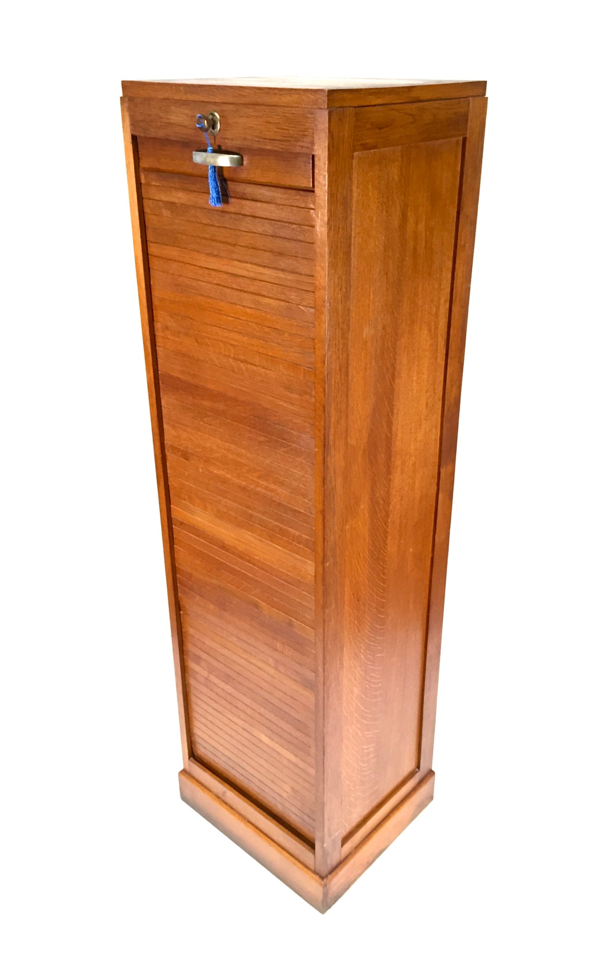 Antique Wooden Oak Tambour Fronted Office Paper Filing Cabinet Drawers with Key