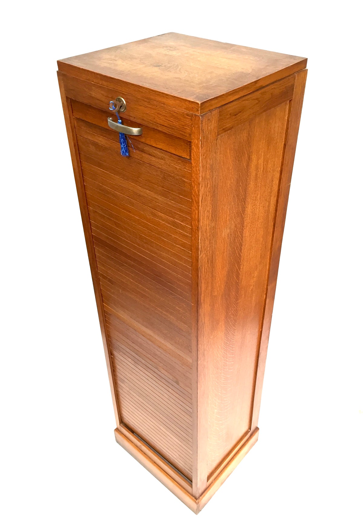 Antique Wooden Oak Tambour Fronted Office Paper Filing Cabinet Drawers with Key