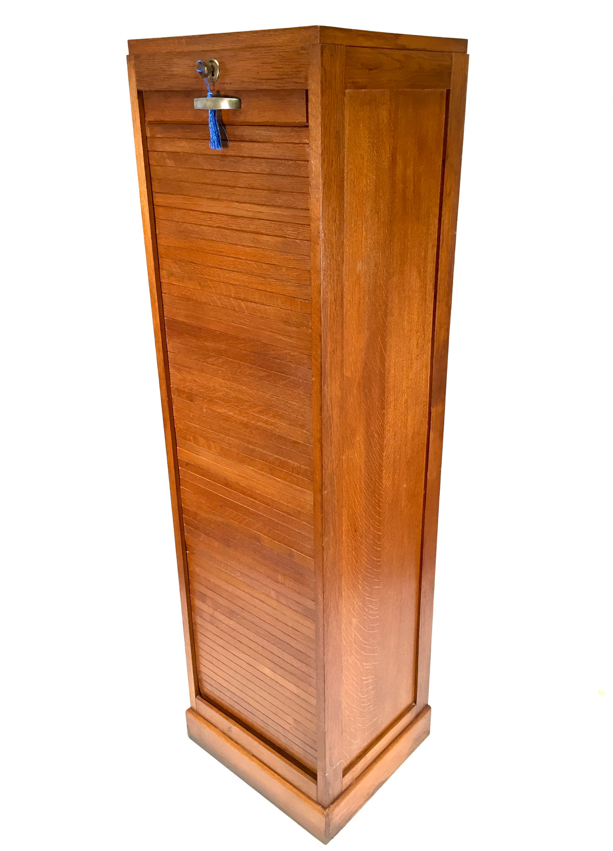 Antique Wooden Oak Tambour Fronted Office Paper Filing Cabinet Drawers with Key