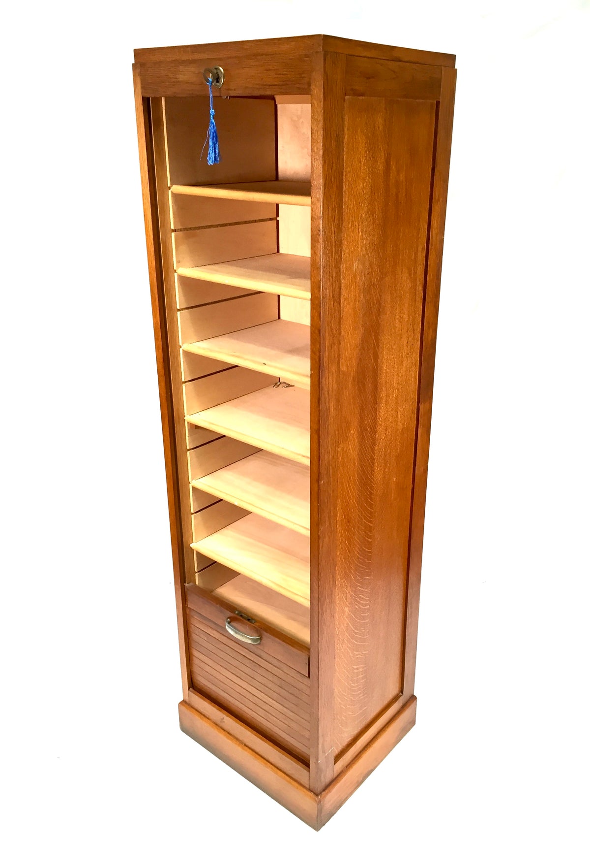 Antique Wooden Oak Tambour Fronted Office Paper Filing Cabinet Drawers with Key