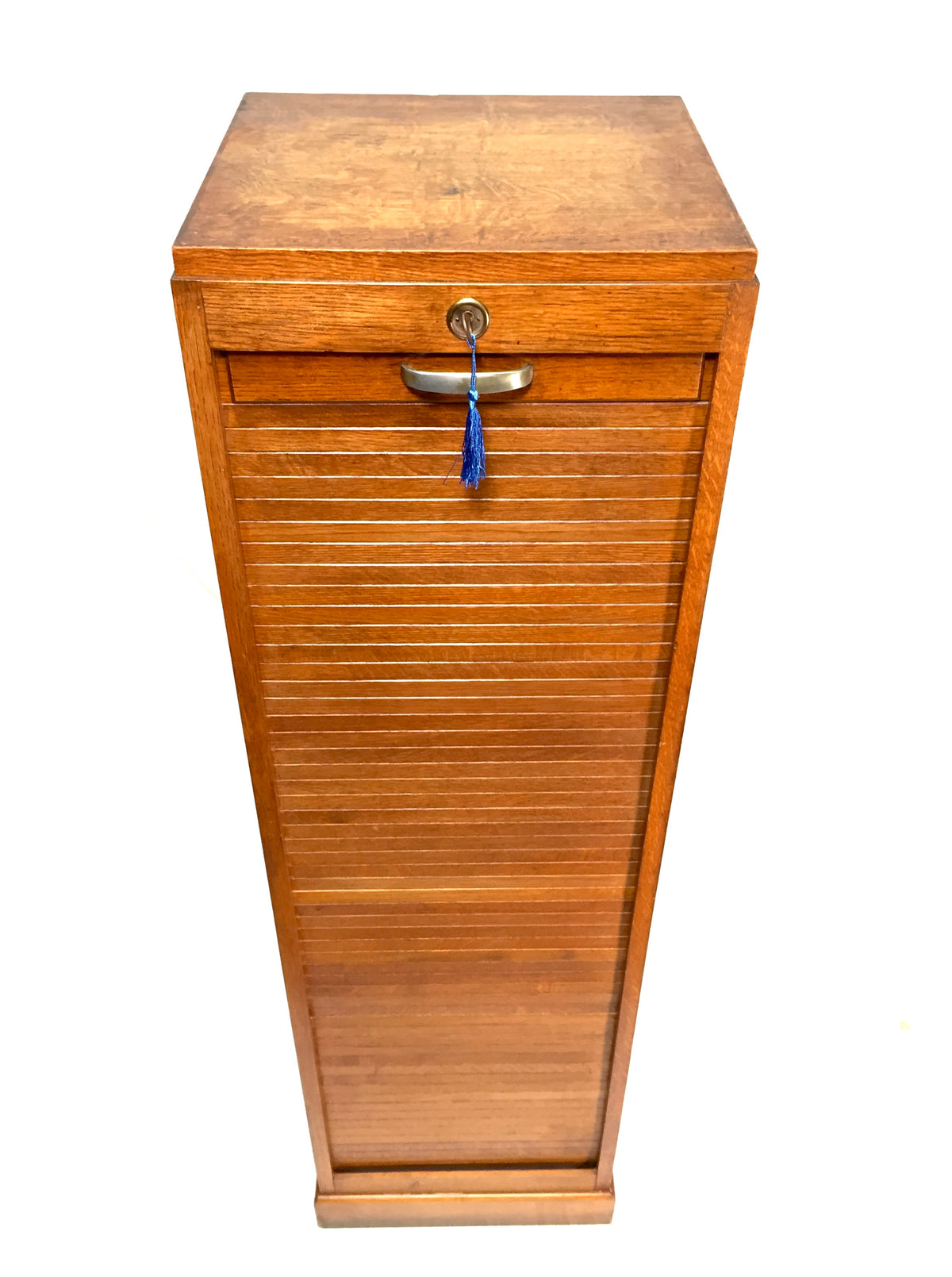 Antique Wooden Oak Tambour Fronted Office Paper Filing Cabinet Drawers with Key