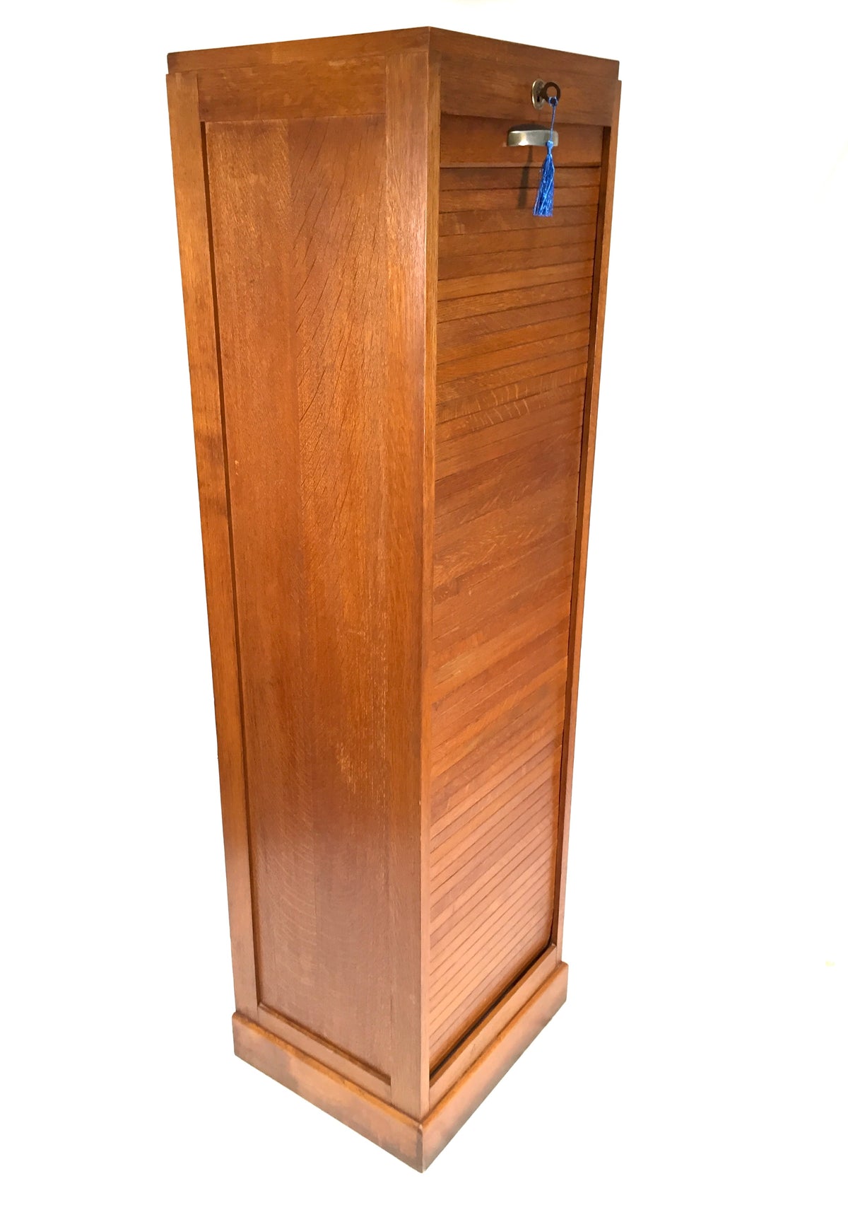Antique Wooden Oak Tambour Fronted Office Paper Filing Cabinet Drawers with Key