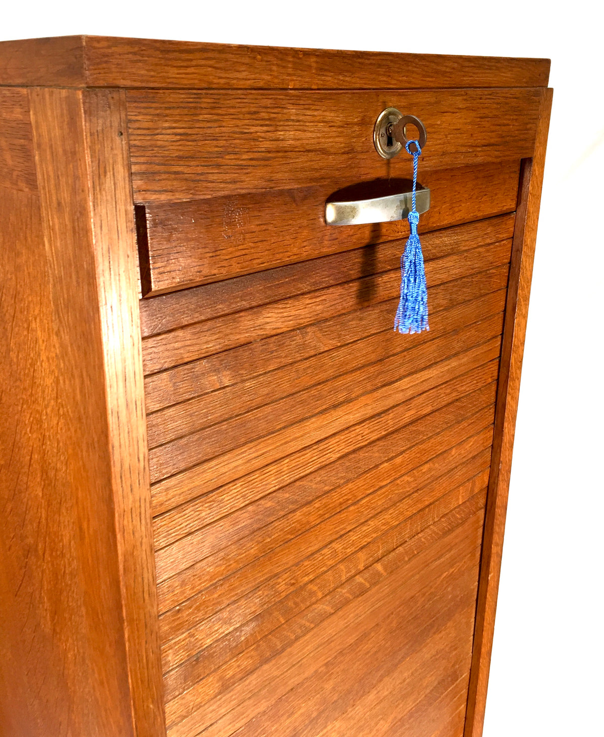 Antique Wooden Oak Tambour Fronted Office Paper Filing Cabinet Drawers with Key