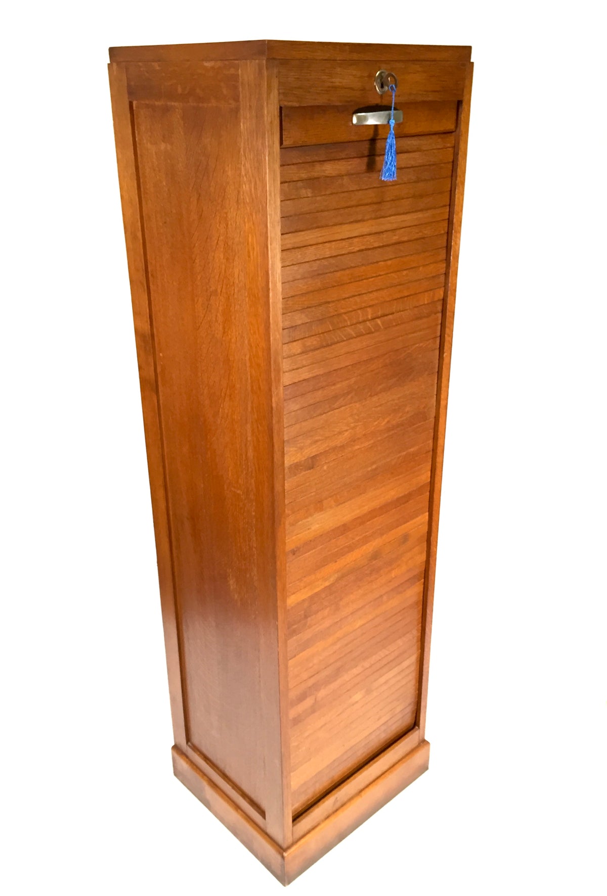 Antique Wooden Oak Tambour Fronted Office Paper Filing Cabinet Drawers with Key