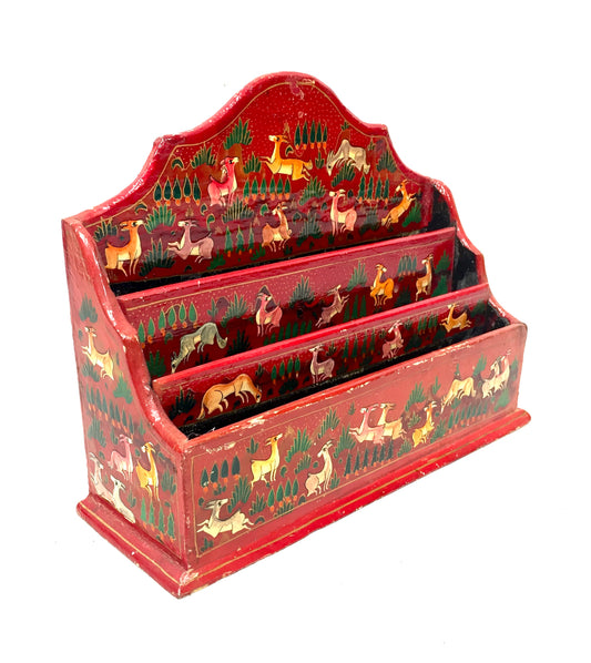Vintage Hand Painted Wooden & Papier-mâché Letter Rack / Stationery Organiser