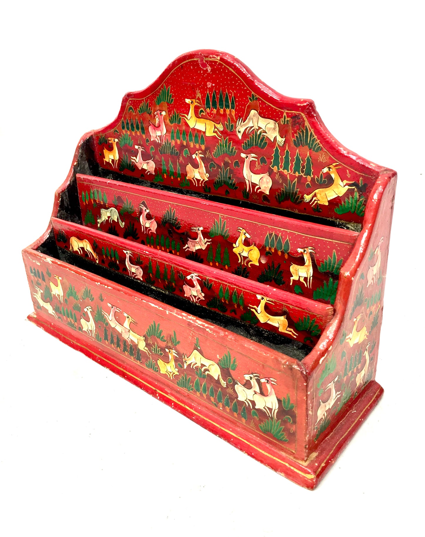 Vintage Hand Painted Wooden & Papier-mâché Letter Rack / Stationery Organiser