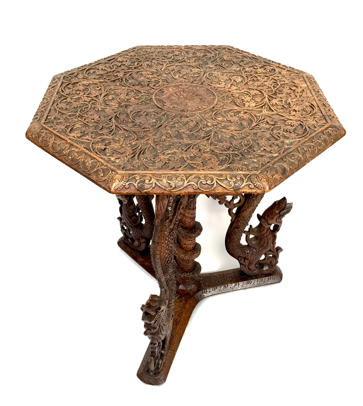 Antique 19th Century Burmese Carved Wooden Dragon & Serpent Octagonal Side Table