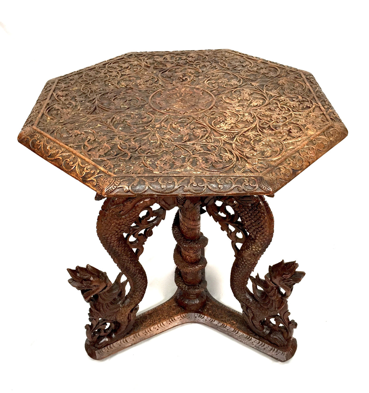 Antique 19th Century Burmese Carved Wooden Dragon & Serpent Octagonal Side Table