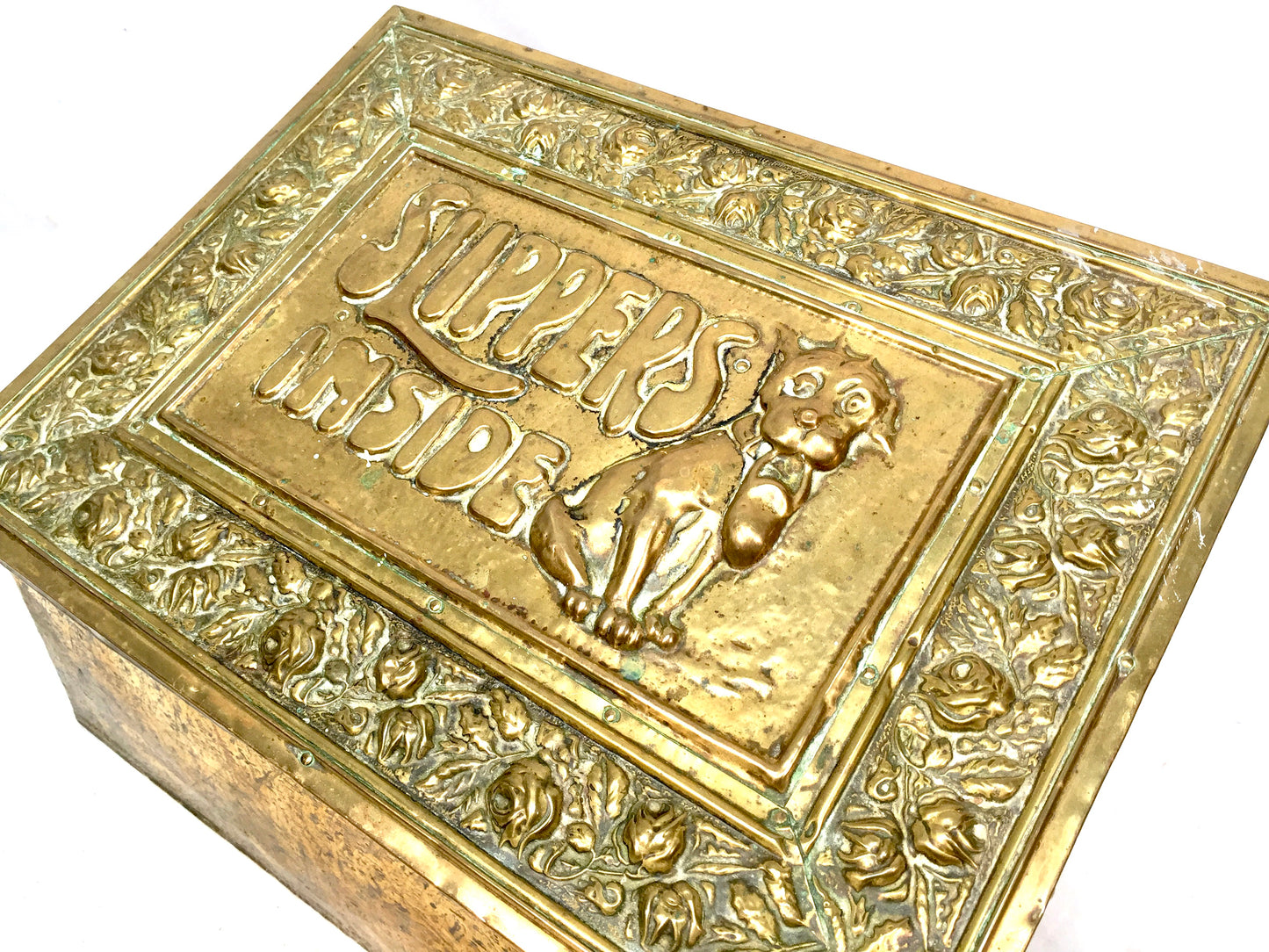 Antique Brass Bonzo Dog Slipper Box Fireside Storage Container Original c.1920